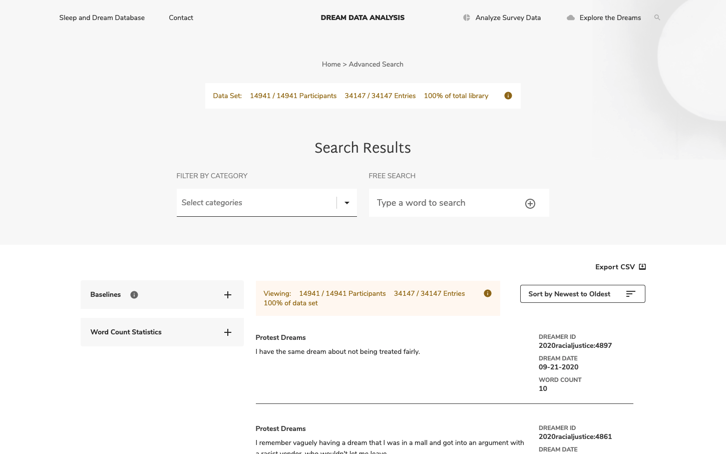 Screen shot of Sleep and Dream Database